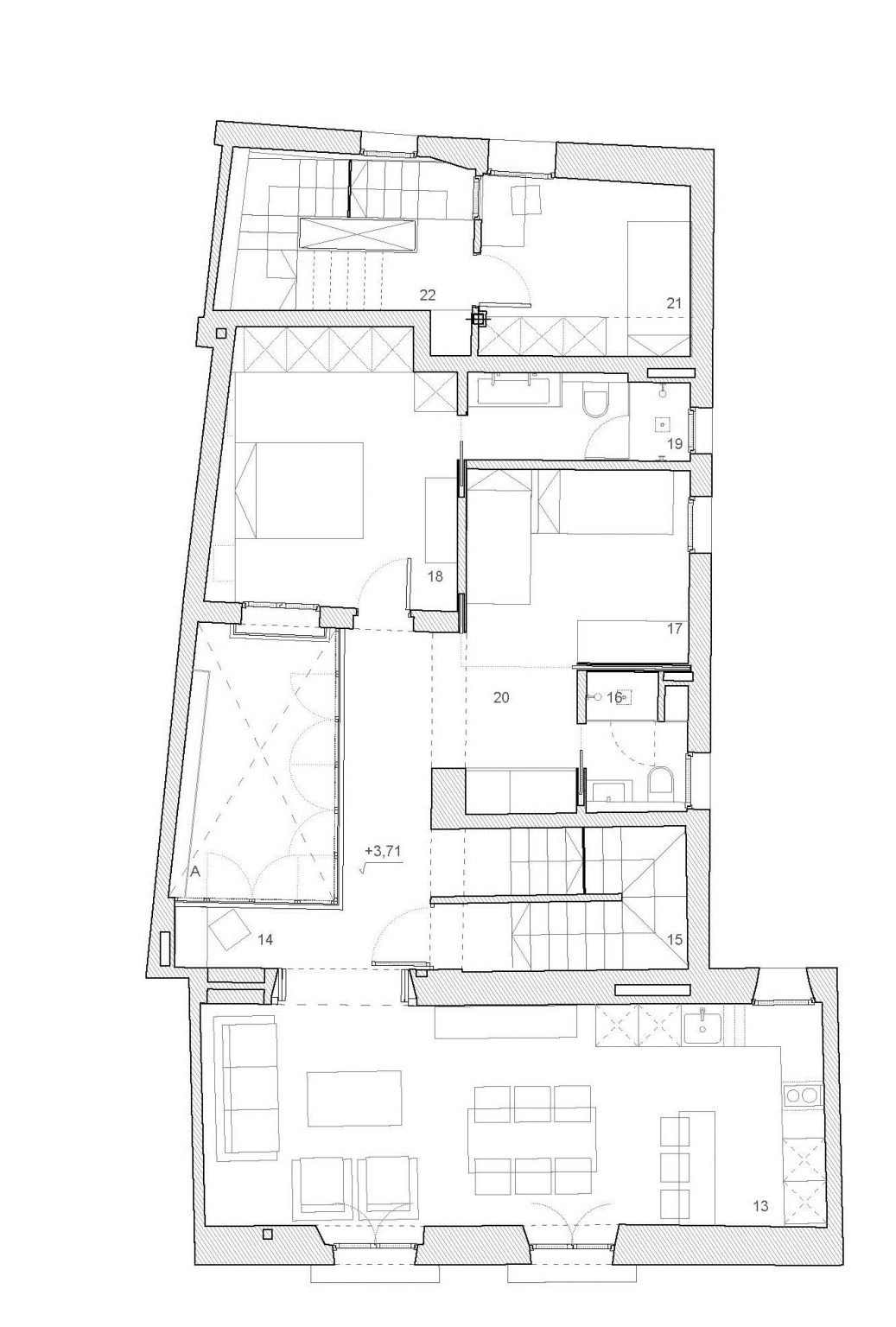 Plano de la planta primera con los dormitorios, los baños y el salón cocina