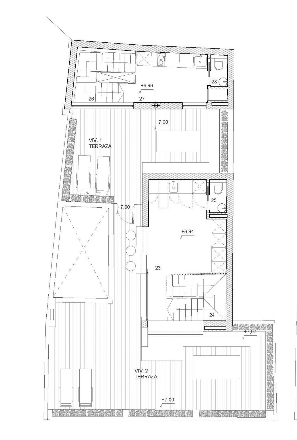 Plano de la planta segunda con las terrazas y las escaleras de las viviendas