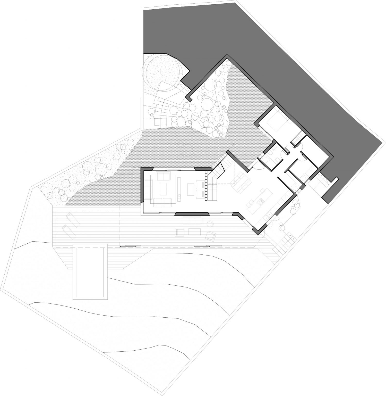 Plano de la planta sótano con el salón, la cocina y los dormitorios