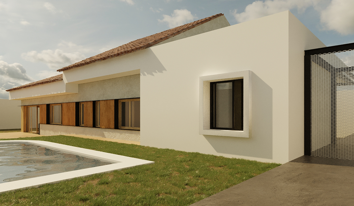 Infografía del exterior de la casa en Espartinas, con la piscina y la celosía metálica