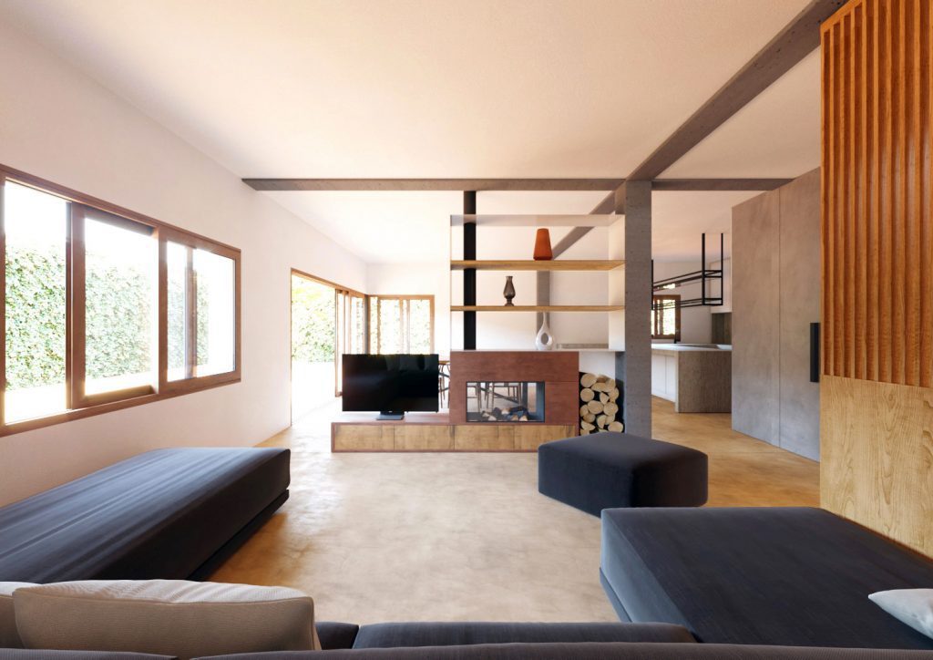 Infografía del salón con chimenea de doble cara y celosía de madera a la derecha