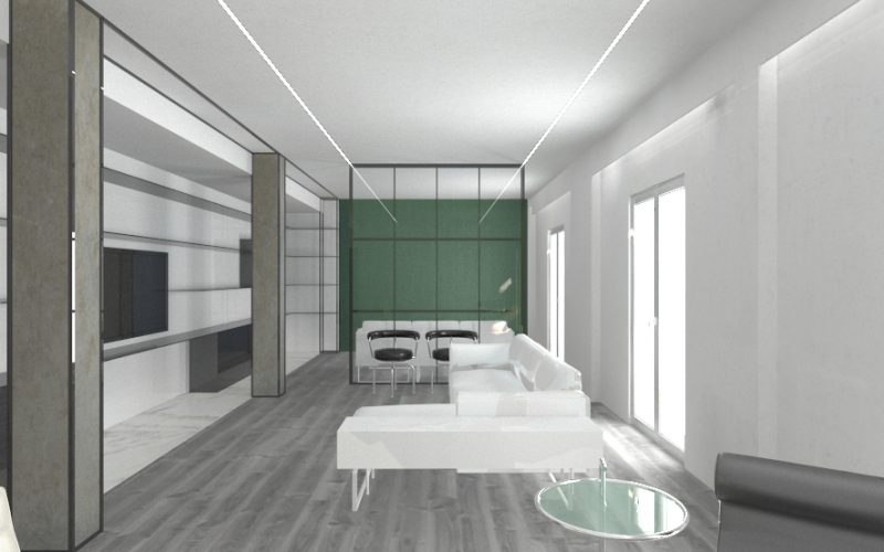 Infografía del salón alargado con pilares de hormigón y un panel verde al fondo